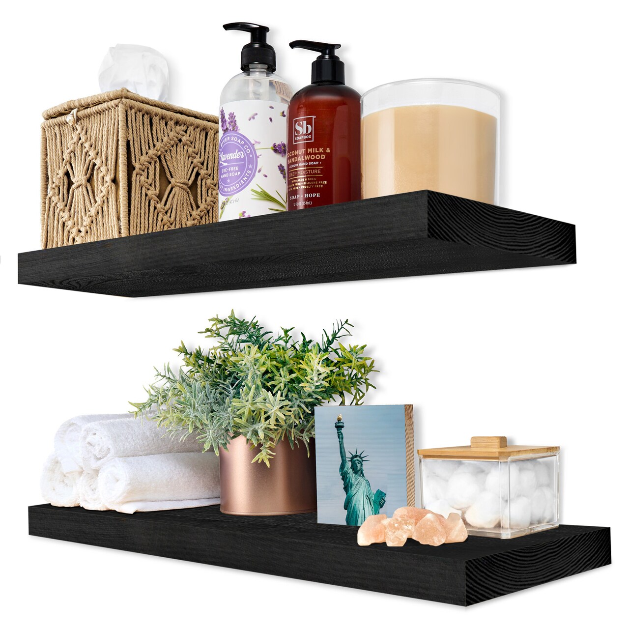 Sorbus Wood Floating Shelves for Wall - 16” Solid Wood Wall Shelves for Bathroom Decor, Books, Bedroom & Living Room - Set of 2 Black Wall Mounted Kitchen Shelves - Durable 100% Premium Solid Pine